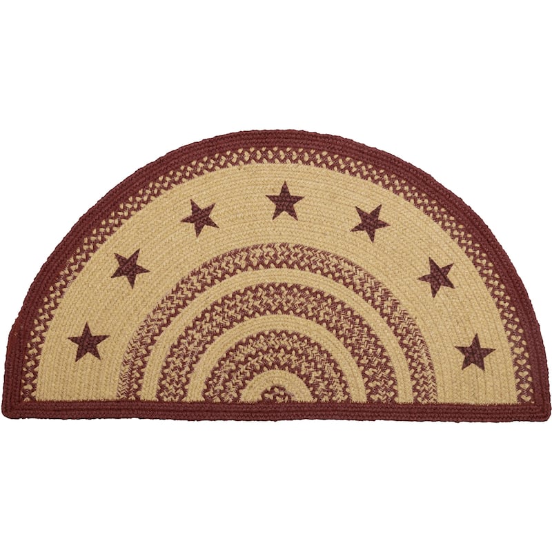 Burgundy Tan Jute Rug Half Circle Stencil Stars w/ Pad 16.5x33 - 16.5" x 33" Half Circle