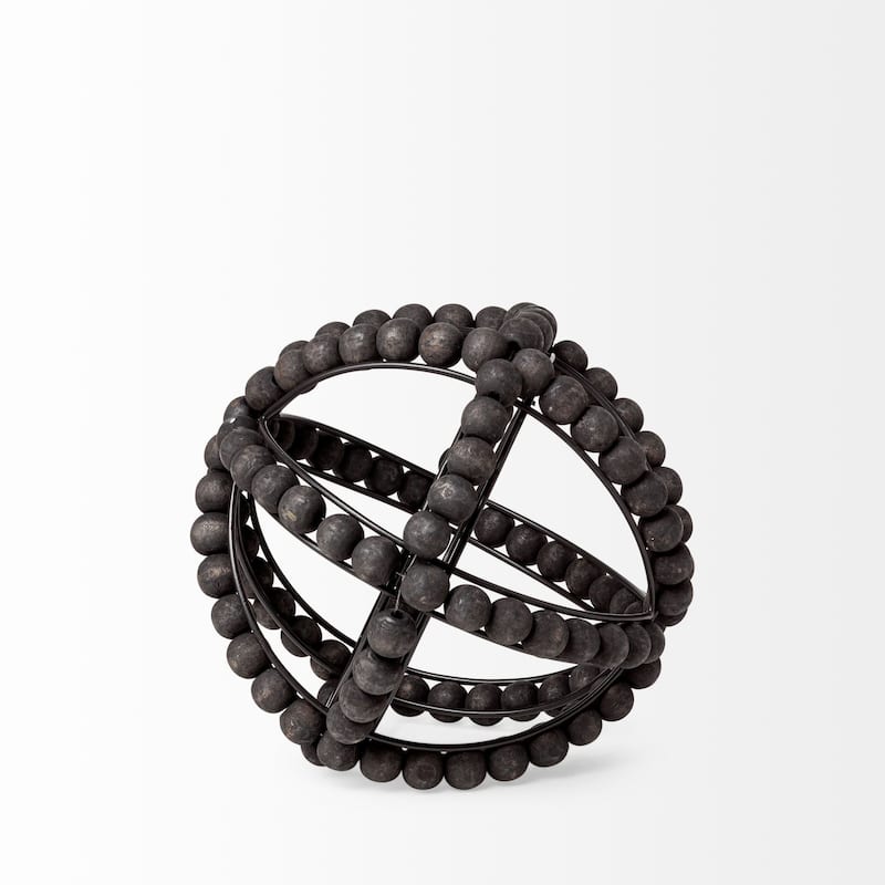 Black Wooden Bead and Metal Orb Sculpture