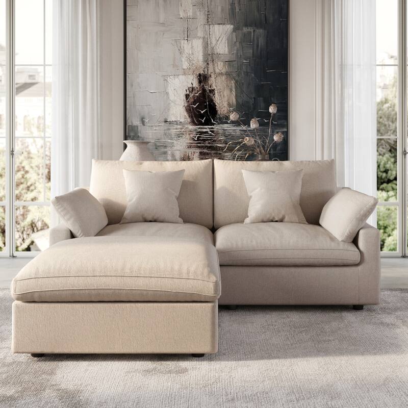 Modular Sectional Sofa Cloud Couch with Ottoman, L Shaped Linen Blend Fabric Minimalist Sectional Sofa for Living Room, Khaki - 2-Seat+Ottoman