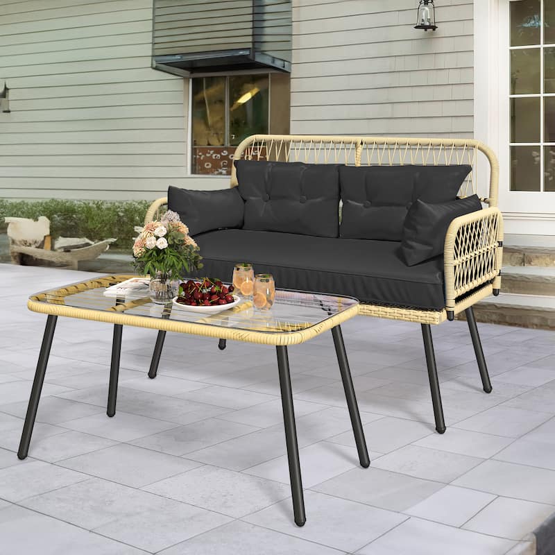 Moasis 2-Piece Outdoor Wicker Loveseat Set Weather-Resistant Rattan Patio Conversation Furniture - 45.3"L x 20.5"W x 32.2"H - Beige/Black