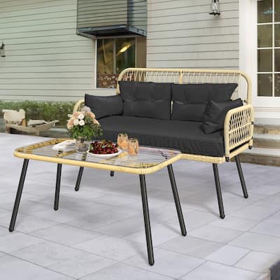 Moasis 2-Piece Outdoor Wicker Loveseat Set Weather-Resistant Rattan Patio Conversation Furniture - 45.3"L x 20.5"W x 32.2"H