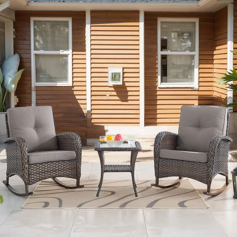 Pocassy Outdoor Wicker Patio Chairs Set - Brown Wicker Grey Cushion - 2PCS Rocker Chairs w/ 1PC Side Table