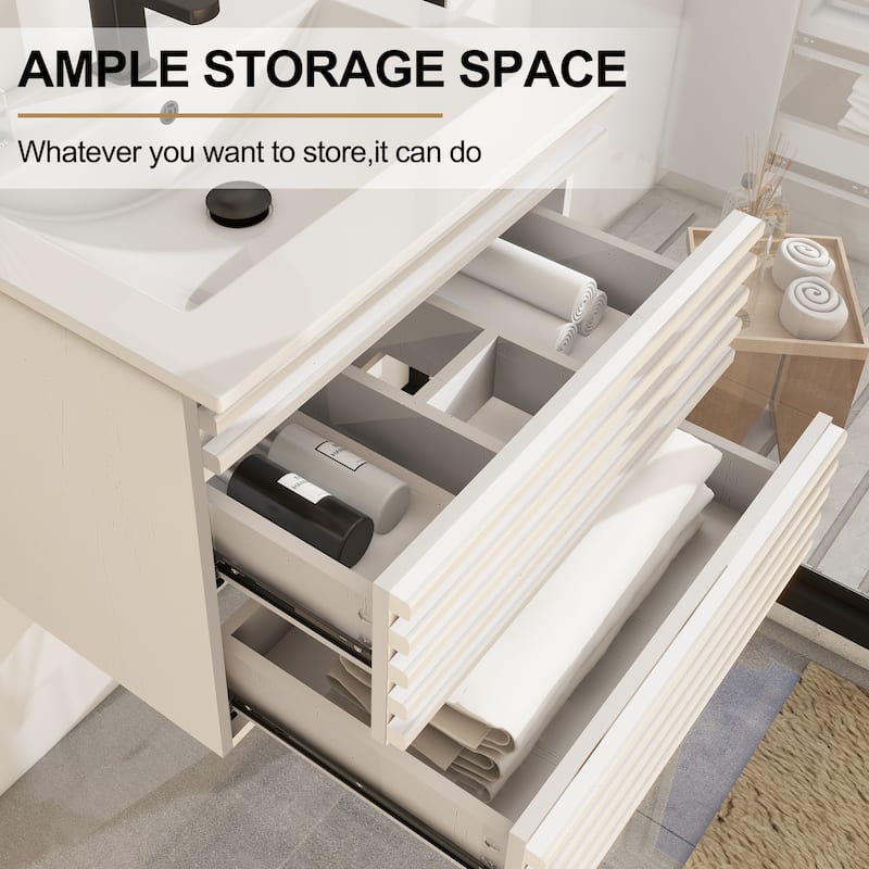 Wall Mounted Bathroom Vanity Set W/ Drop in Sink Mid-Century Cabinet Set