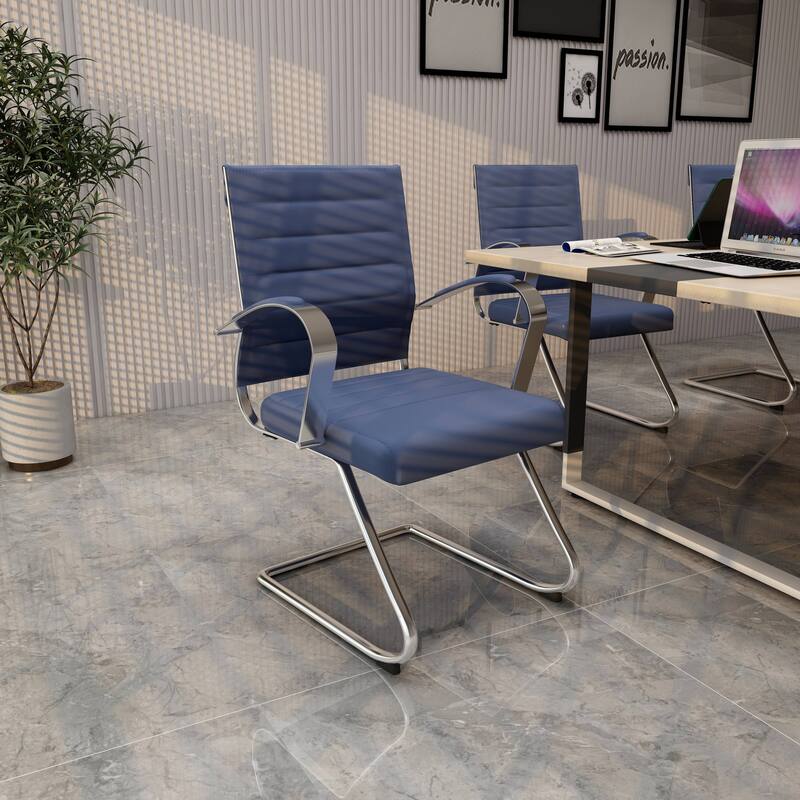 Benmar Modern Leather Office Chair with Stainless Steel Sled Base, Floor Caps, Ergonomic Desk Chair for Home Office or Workspace