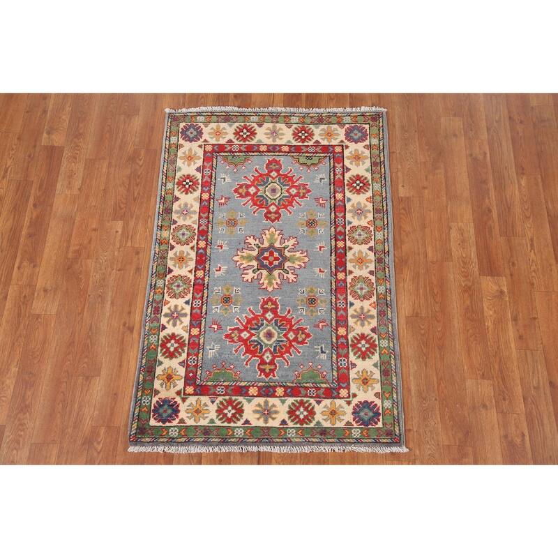 Kazak Oriental Foyer Rug Hand-Knotted Geometric Wool Carpet - 2'9" x 4'1"