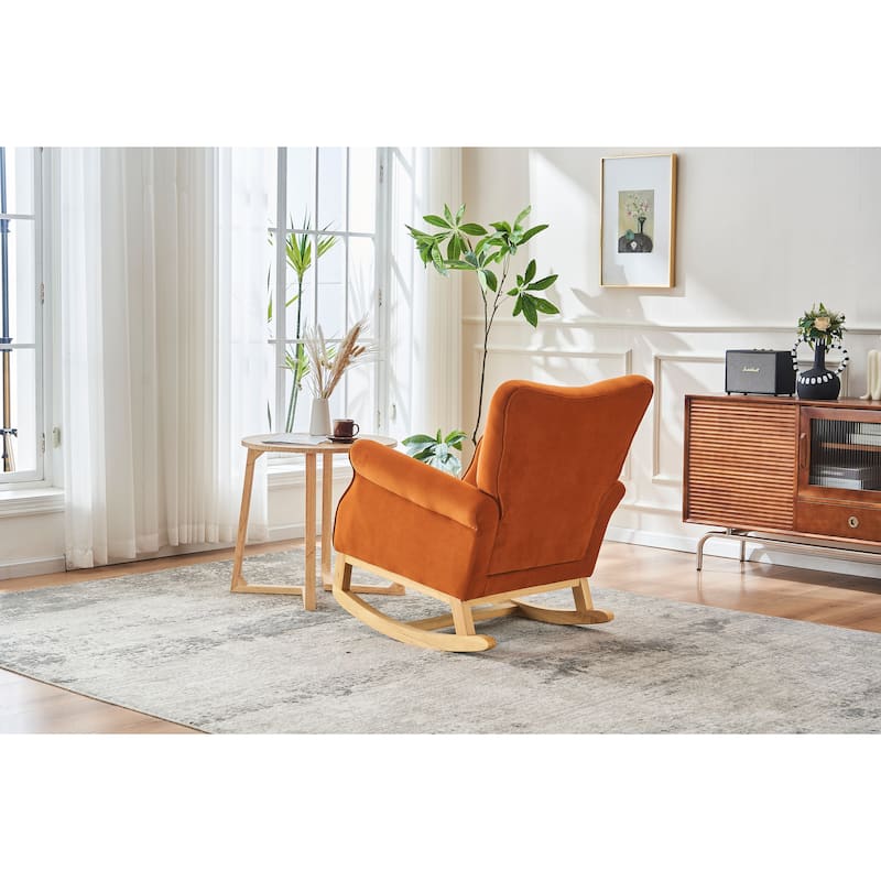 Velvet Upholstered Glider Rocking Chair, Glider Rocking Chair with Fabric Seat, High Back Armchair with Wood Base