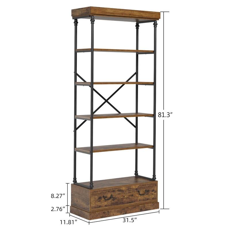 5-Tier Rustic Bookshelf with Metal Frame & Storage Drawer Open Bookcase - Brown