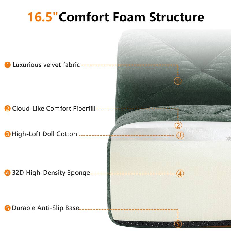L-shaped Boneless Sofa, Soft Velvet Fabric, Tufted Design, 32D High Density Sponge, No Assembly Required