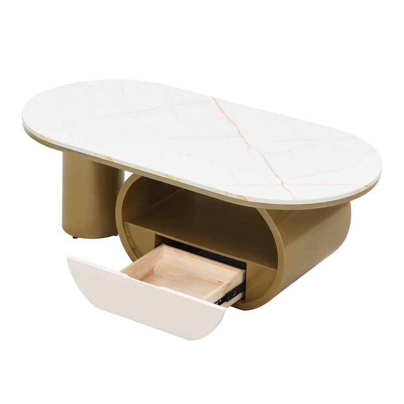 Elegant Contemporary Oval Cocktail Table with Hidden Storage, 47.24" Faux Marble Surface and Glamorous Gold-Tone Metal Base .