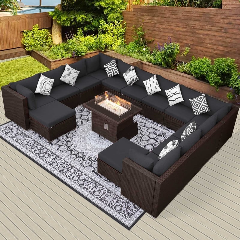 FINCATI Outdoor Wicker Patio Furniture Conversation Sectional Sofa Set - 15 PCS - Dark Grey