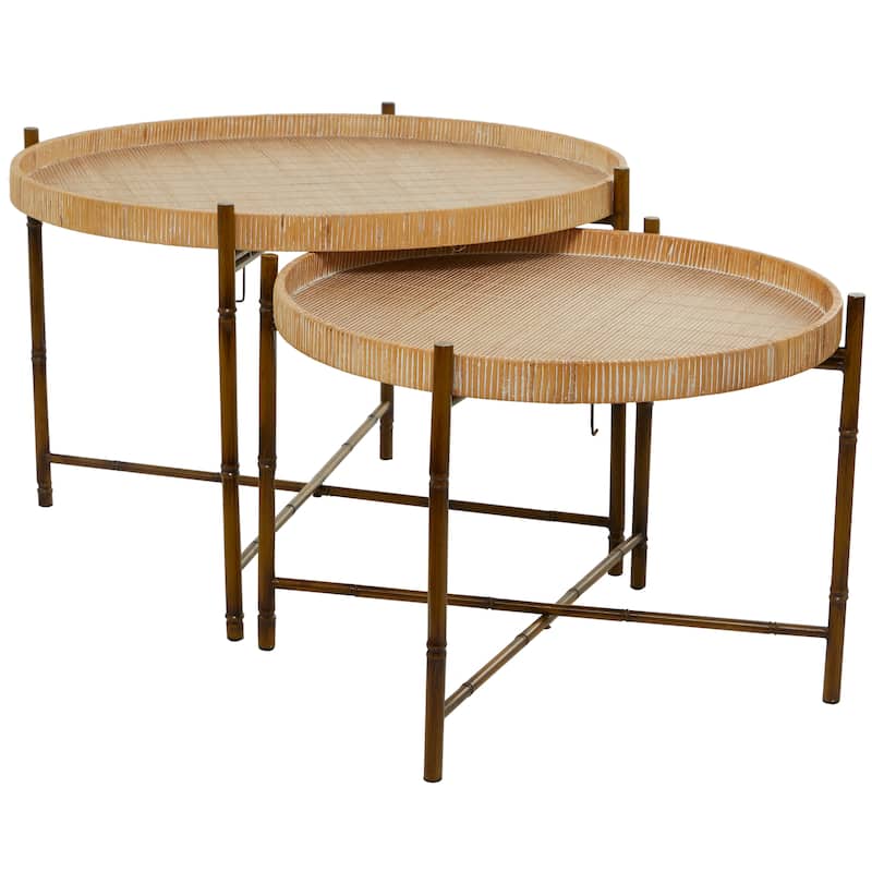 Rattan Nesting Accent Table with Metal Bamboo Inspired Legs - Set of 2 Brown - Roche River Decor - 32"W x 32"L x 20"H