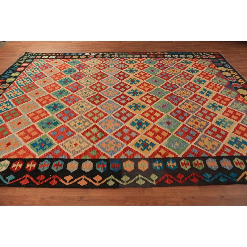 Geometric Trellis Kilim Reversible Area Rug Hand-Woven Wool Carpet - 8'4"x 11'4"