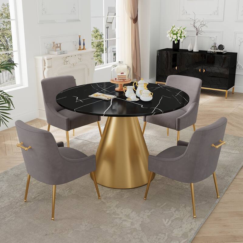 48" Marble Top Metal Dining Table with Velvet Dining Chair Set