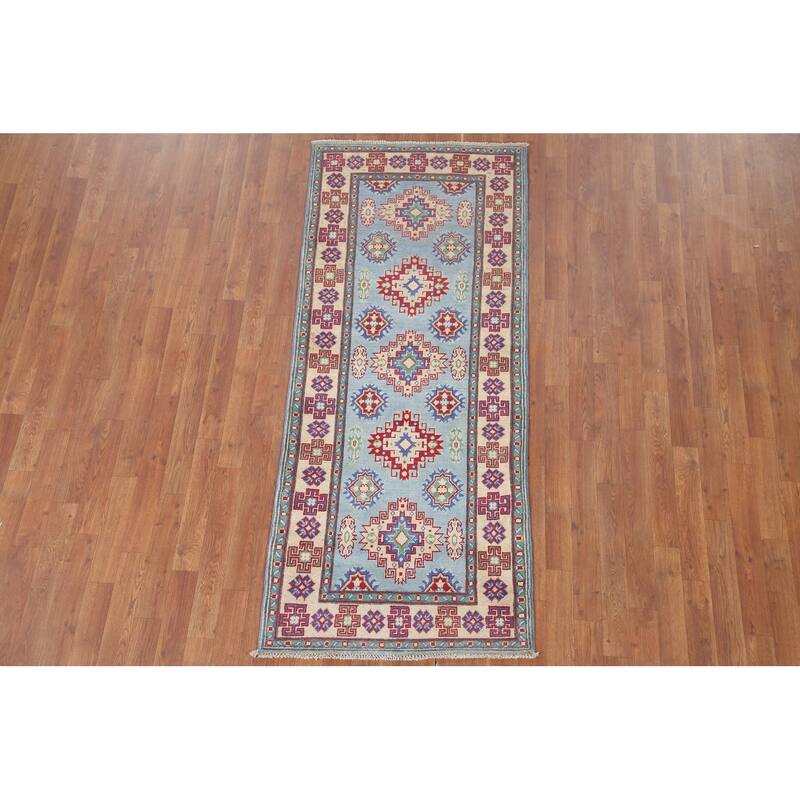 Hand Knotted Oriental 100% Wool Carpet Traditional Geometric Navy Blue & Blues Kazak Runner Rug - 6' 6'' X 2' 9''