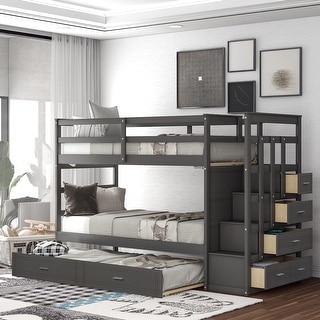 Twin Over Twin Wood Bunk Bed for Kids with Trundle and Staircase(4 Storage Drawers), Grey