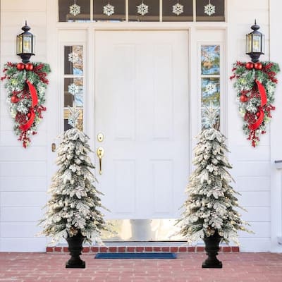 Glitzhome 4FT/5FT Pre-Lit Flocked Fir Artificial Christmas Potted Porch Trees