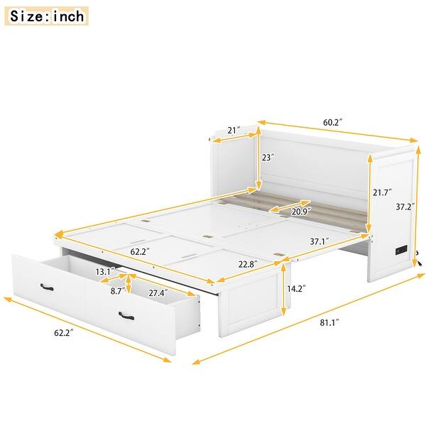 Queen Size Murphy Bed Frame, with USB Port & a Large Drawer, Wooden