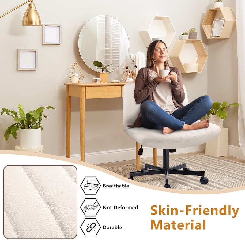 Bossin Criss Cross Chair Armless Office Desk Chair with Wheels,Fabric Padded Cross Legged Chair, Swivel Wide Seat Vanity Chair