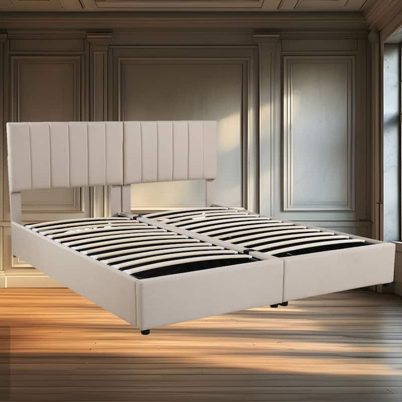 King Size Upholstered Platform Bed with Hydraulic Lift Storage, Vertical Stripe Headboard, and Ample Under-Bed Storage