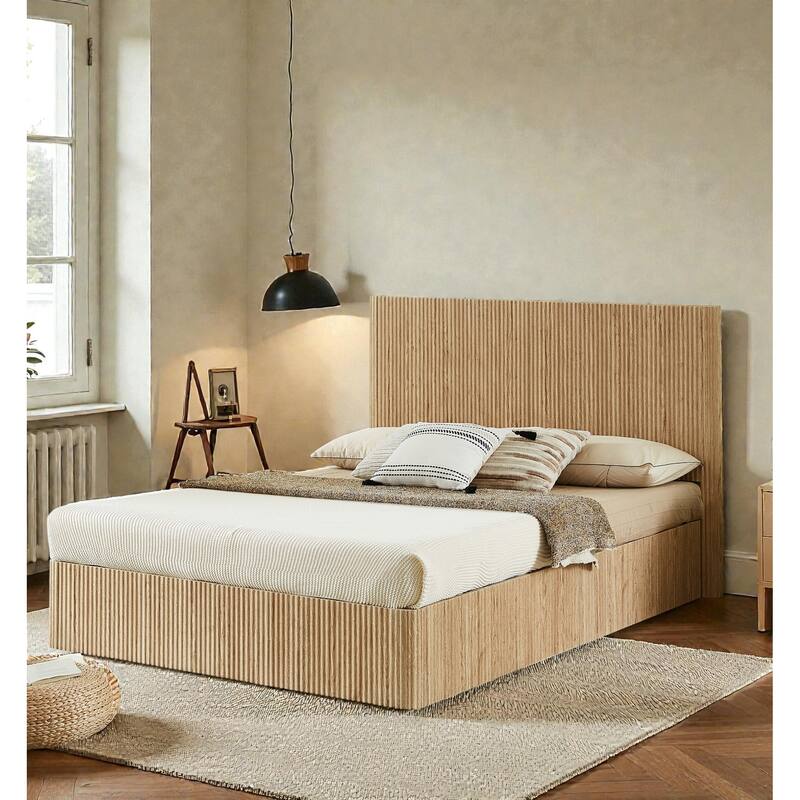 Lift Up Storage Platform Bed with Hydraulic Mechanism, Curved Corrugated Wooden Panels, No Box Spring Required - Oak - Queen