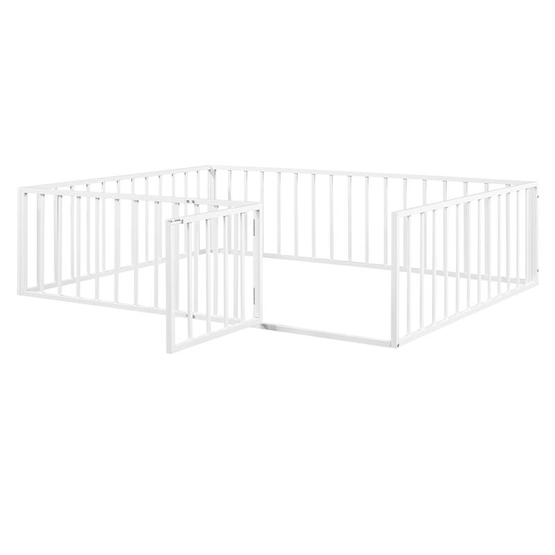 White Queen Size Metal Floor Bed Frame with Fence and Door for Kids