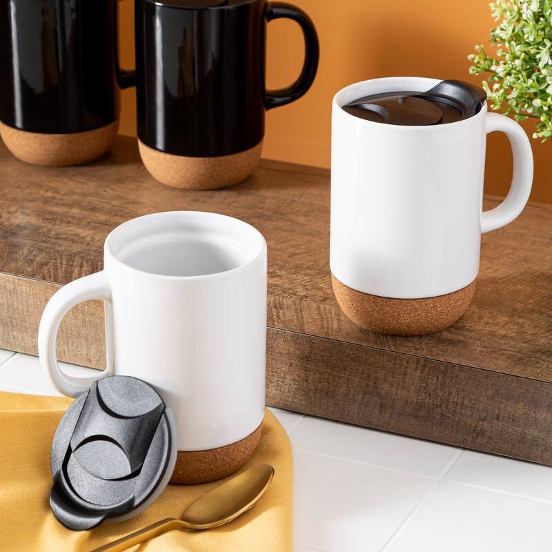 Gibson Home Modani 2 Pack Large 16.5 OZ Ceramic Mugs Set with Removable Cork Bottom and Lid