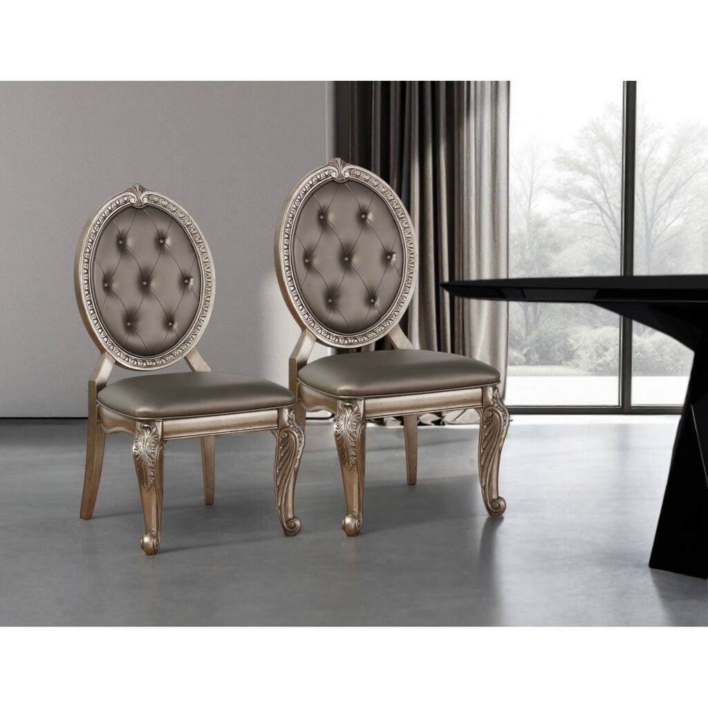 HomeRoots Set of Two Tufted Champagne Upholstered Faux Leather Dining Side Chairs