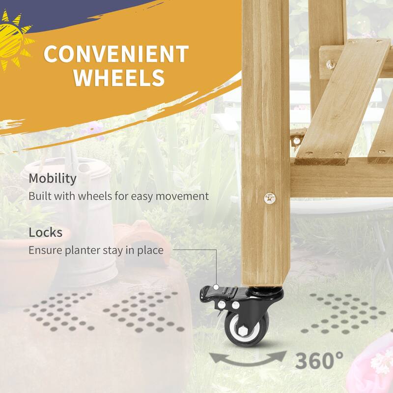 Outsunny 49'' x 21'' x 34'' Raised Garden Bed w/ 8 Grow Grids, Outdoor Wood Plant Stand w/ Storage Shelf and Lockable Wheels