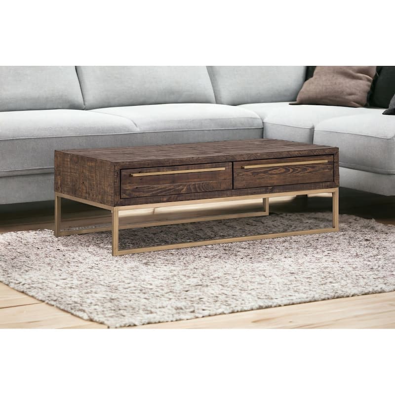 HomeRoots 47" Dark Brown And Gold Metal Coffee Table With Drawer - 46.5