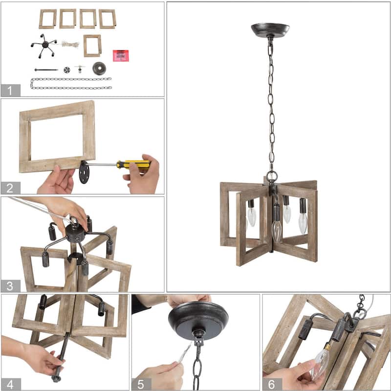 Kira Solid Wood Drum Kitchen Island Pendant Light Farmhouse Rustic Entryway Chandelier - L 14.2" x W 14.2 "x H 11.4"