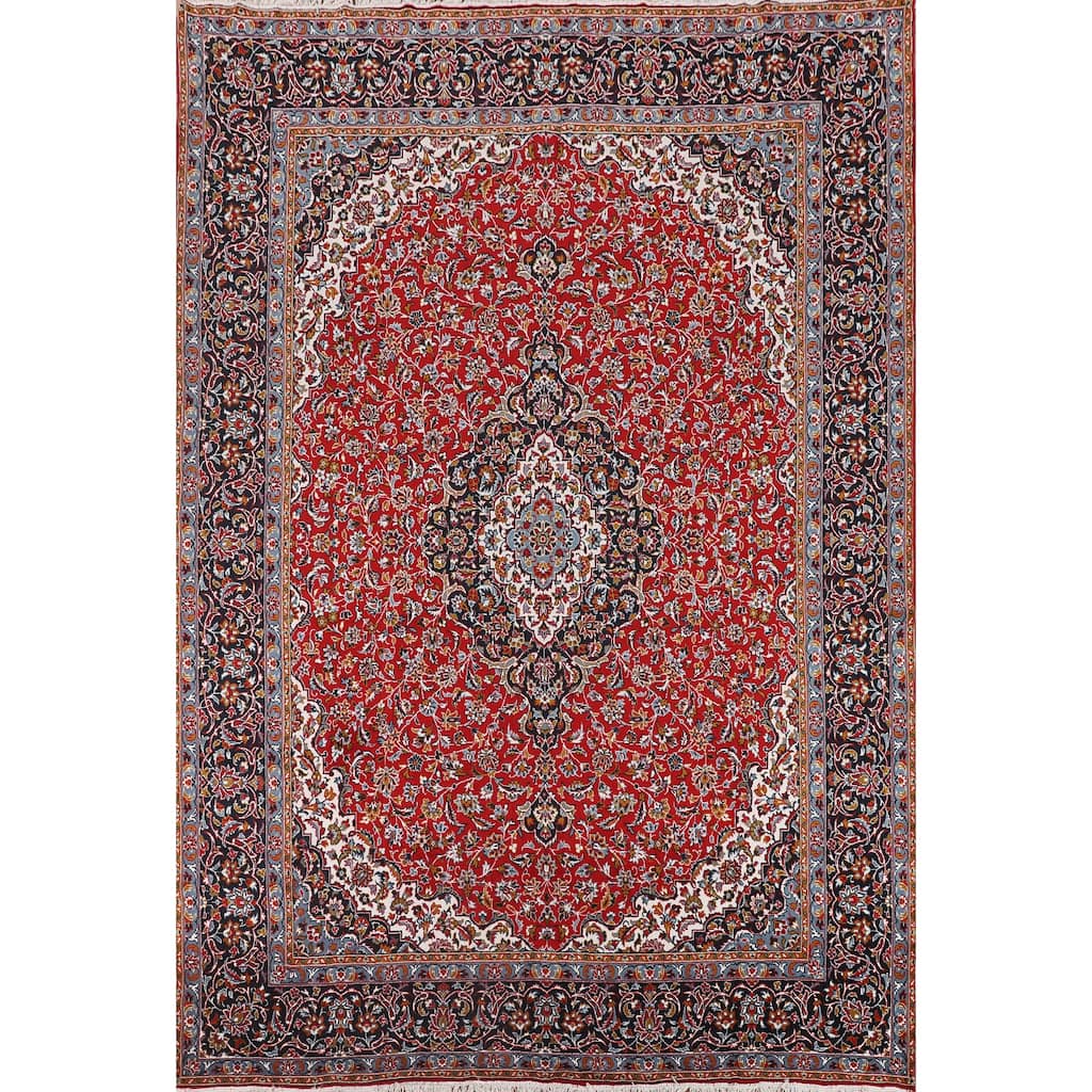 Floral Red Kashan Turkish Area Rug Machine Made Medallion Carpet - 9'7" x 12'11"