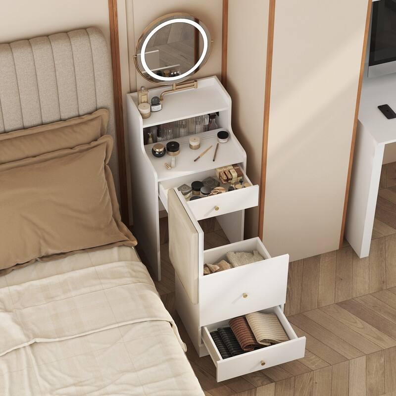 3 in 1 Vanity Desk With mirror and light ,Small makeup vanity set with charging station, 2 drawers , upholstered stool