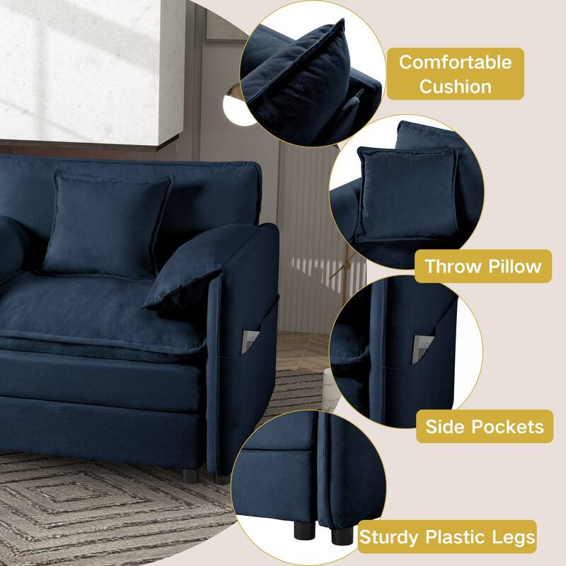 Chenille Chaise Sectional Sofa Bed with Loveseat and Ottomans, Modular Sleeper Couch with Pockets and Thickened Seat Cushions