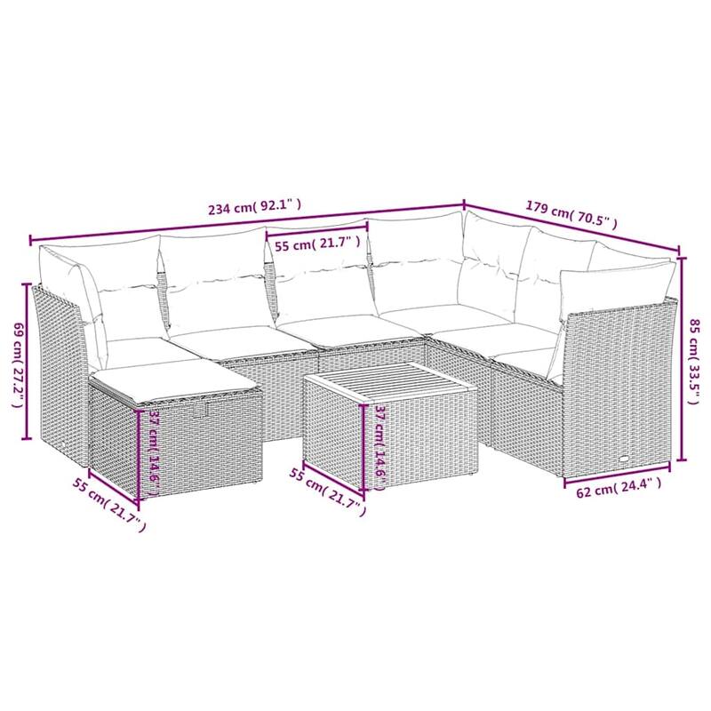 vidaXL Patio Sofa Set with Cushions Outdoor Furniture 8 Piece Poly Rattan - 24.4" x 24.4" x 27.2"
