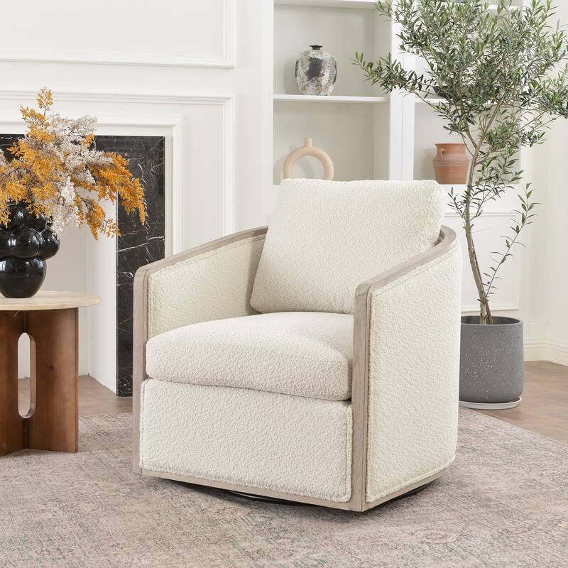 KINWELL 31"W Oak Frame Upholstered Swivel Barrel Armchair