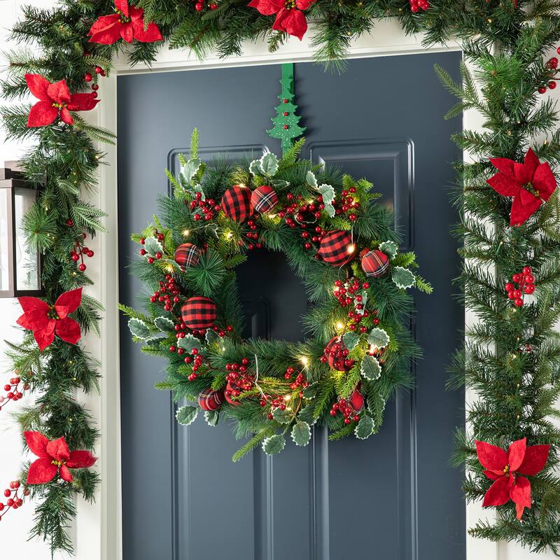 Glitzhome 24"D Ornament Berry Holly Pine Wreath With Lights and Timer Christmas Wall Decor