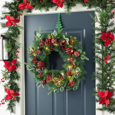 Glitzhome 24"D Ornament Berry Holly Pine Wreath With Lights and Timer Christmas Wall Decor