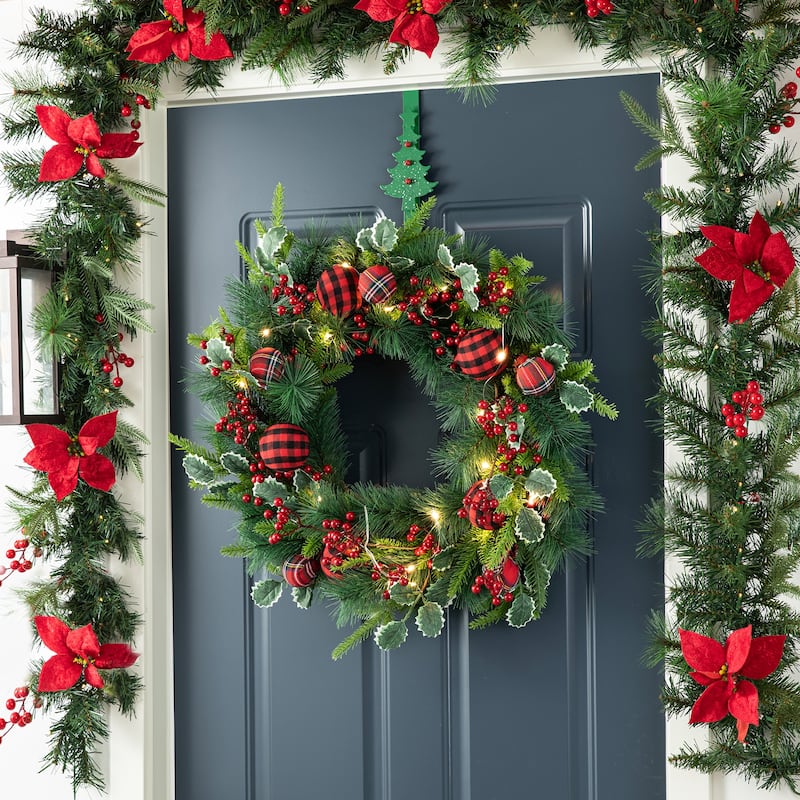 Glitzhome 24"D Snow Berry Twig Ball Pinecone Holly Pine Wreath with Lights & Timer