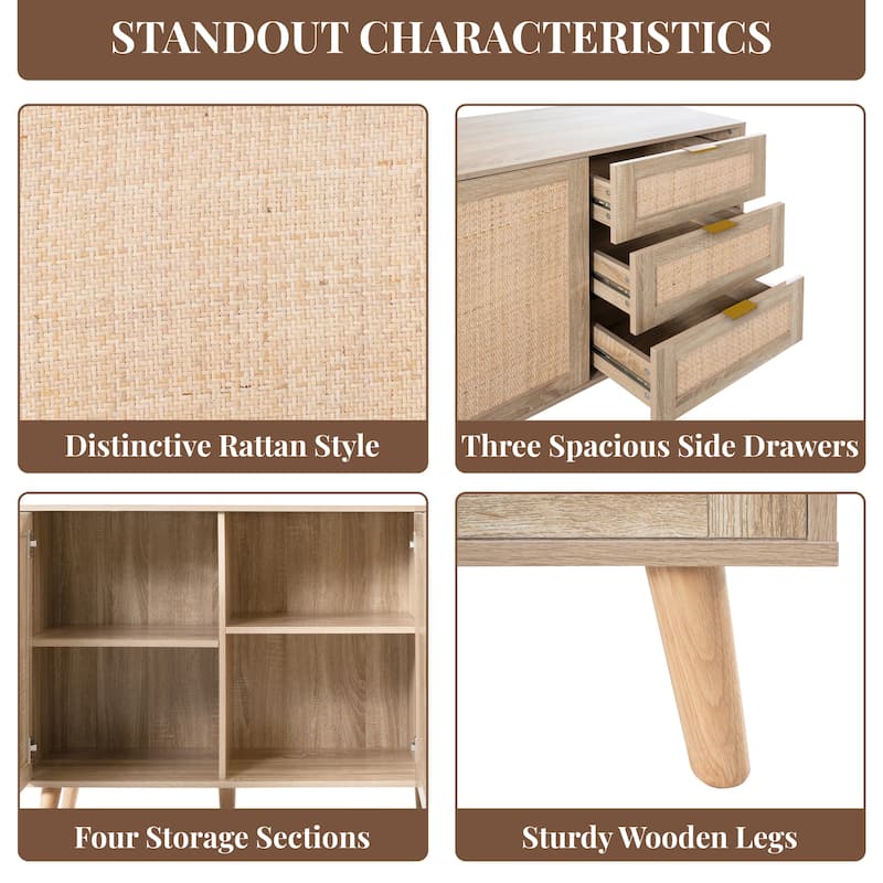 Rattan Sideboard Buffet Cabinet with 2 Doors, 3 Drawers, and Storage