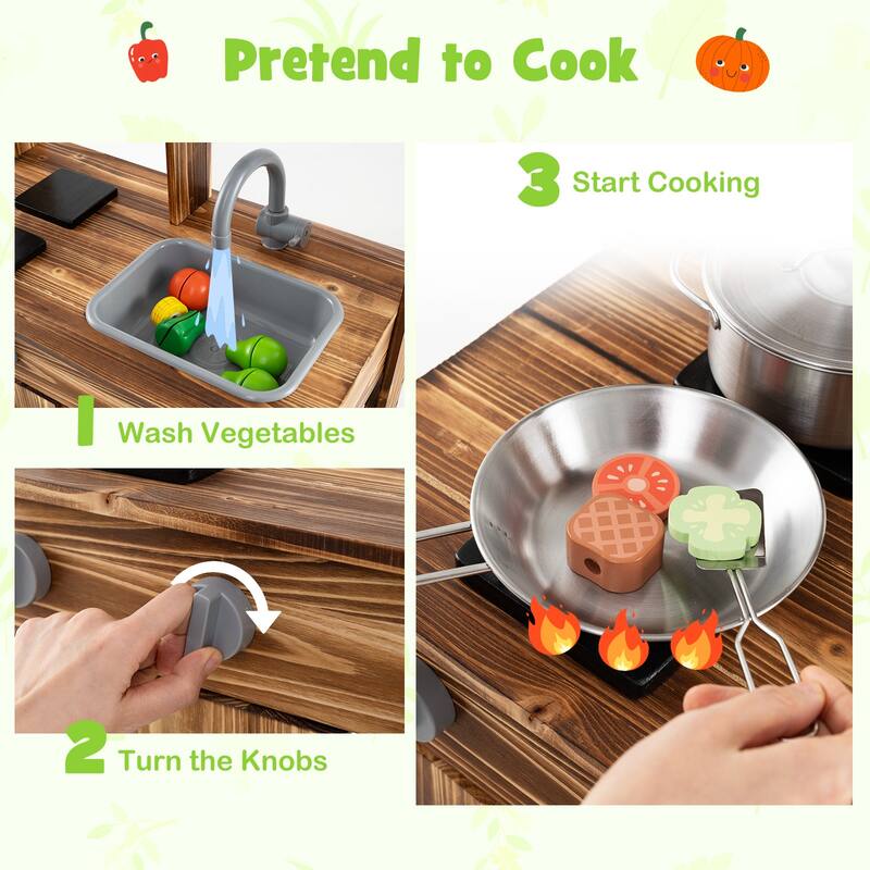 Brown Fir Wood Outdoor Play Kitchen with Sink, Pots, Blackboard and DIY Board - 27" L × 14" W × 38" H