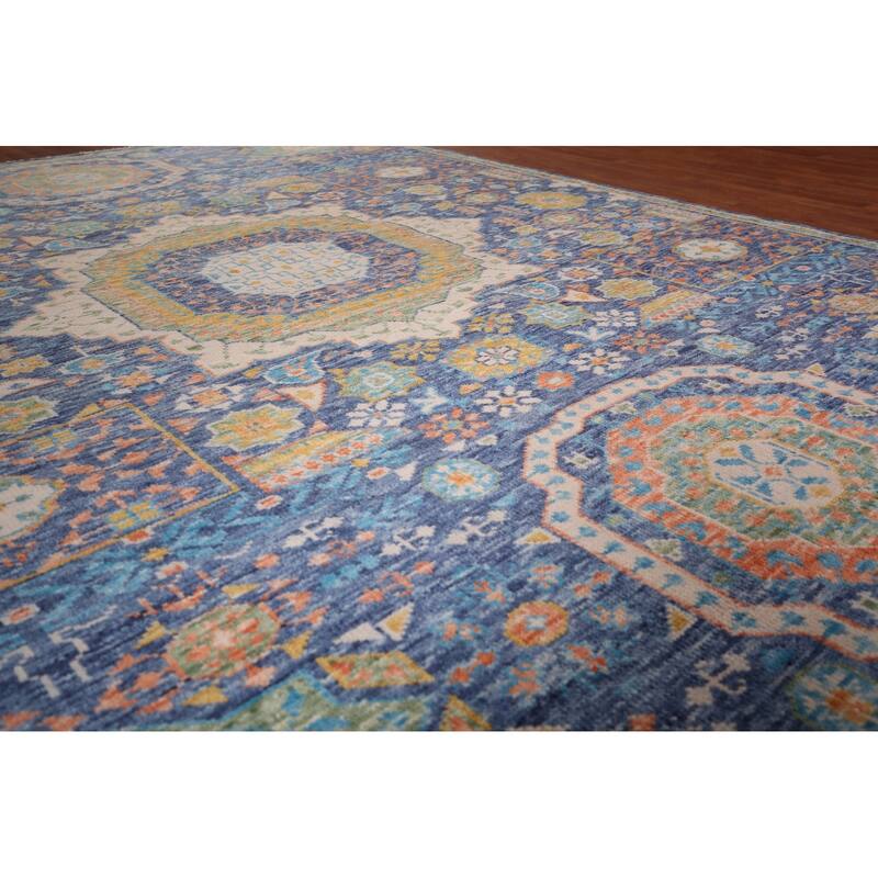 Blue Geometric Khotan Oriental Area Rug Handmade Wool Carpet - 8'9"x 11'11"