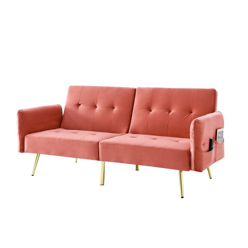 Velvet Futon Sofa Bed with Folded Armrests