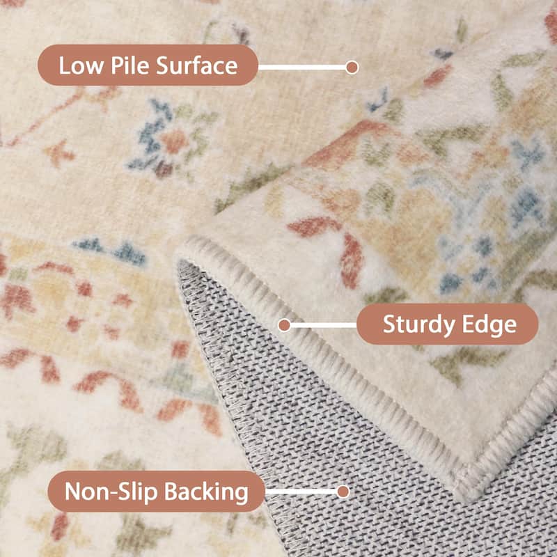 Mcow Faded Floral Vintage Collection Low-Pile Machine-Washable Area Rug