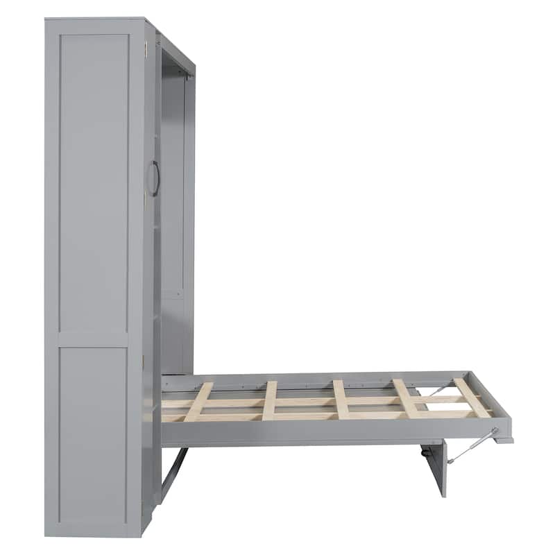 Full Size Murphy Bed Wall Bed with Shelves, Wardrobe and LED Lights