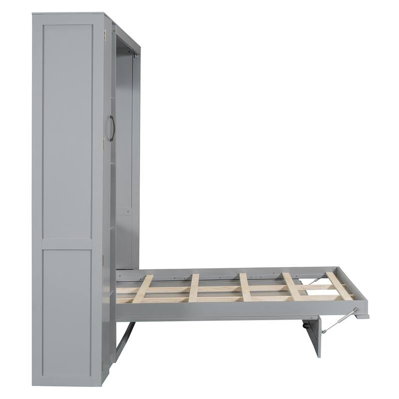 Space-Saving Full Size Wall Bed with Shelves, Wardrobe, and LED Lights in Gray