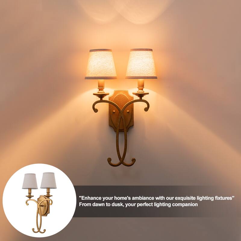 2-Light Antique Gold Metal Wall Sconce Cone Linen Fabric Shades