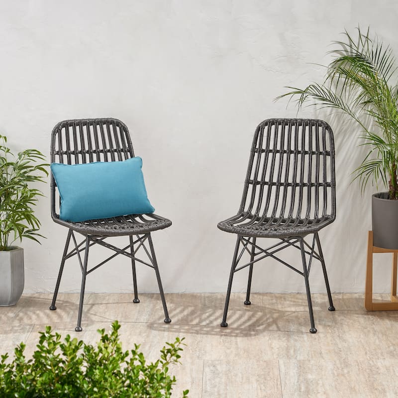 Roomfitters Wicker Armless Outdoor Dining Chairs Set of 2, Weather-Resistant Patio Seating with Metal Legs, Grey