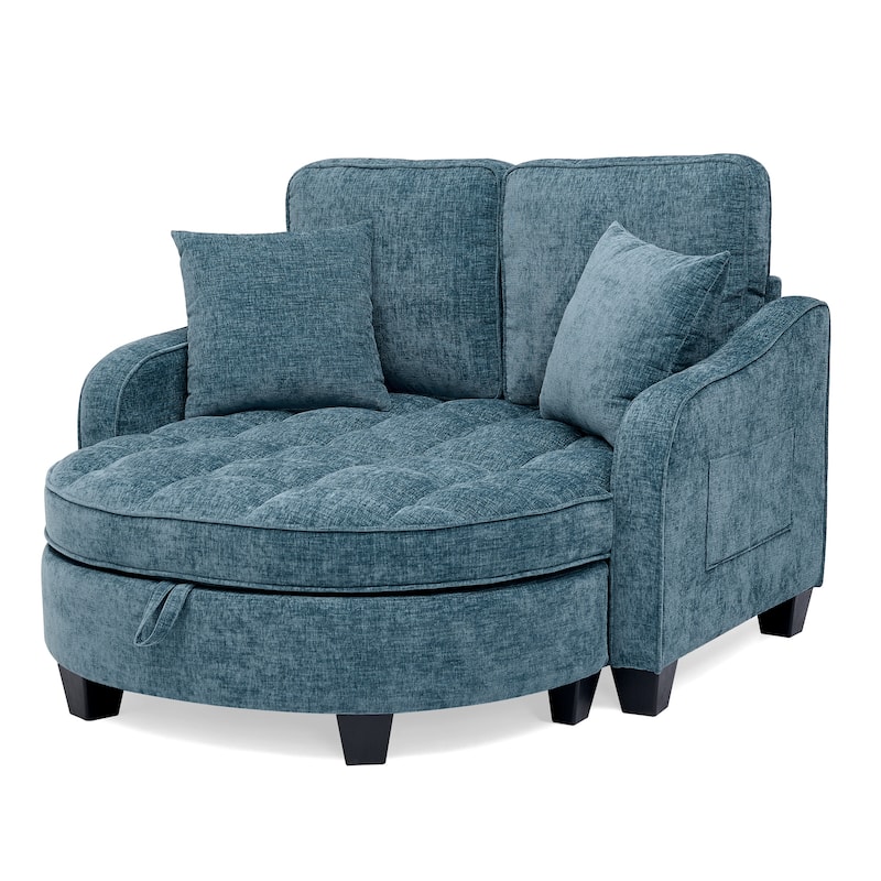 Two-Seater Chaise Longue Sofa with Storage Footrest, Irregular Armrests & Throw Pillows for Living Room & Bedroom