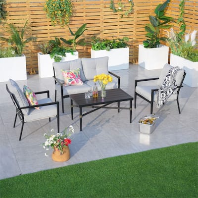 Modern 4-piece Outdoor Accented Sofa Seating Set with Waterproof Loveseat and Iron Coffee Table