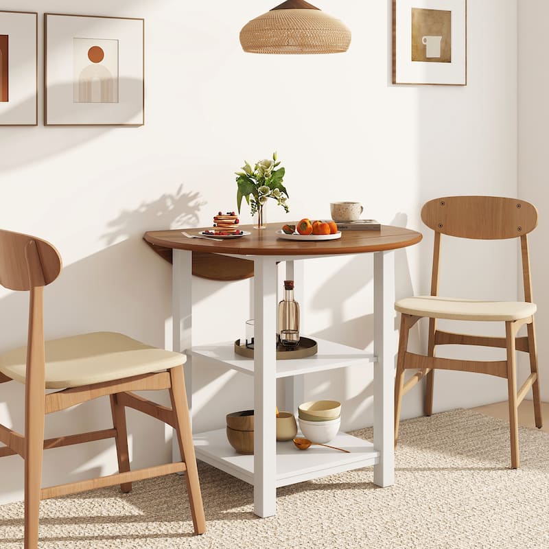 Gymax Folding Round Dining Table Drop Leaf Table w/ 2 Shelves for